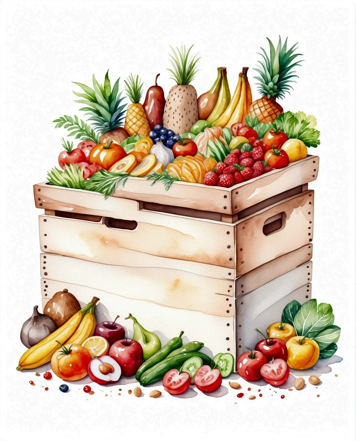 a wooden box with a lot of healthy food, illustration, isolated with solid white background, surrounded with negative space, centered composition, 8k, highest detailed painting, very precise painting, Isolated, clear solid white background, perspective angle of view, cartoon style, ((watercolor:1)), clip art, (lora:add-detail-xl:1), (masterpiece), (best quality),