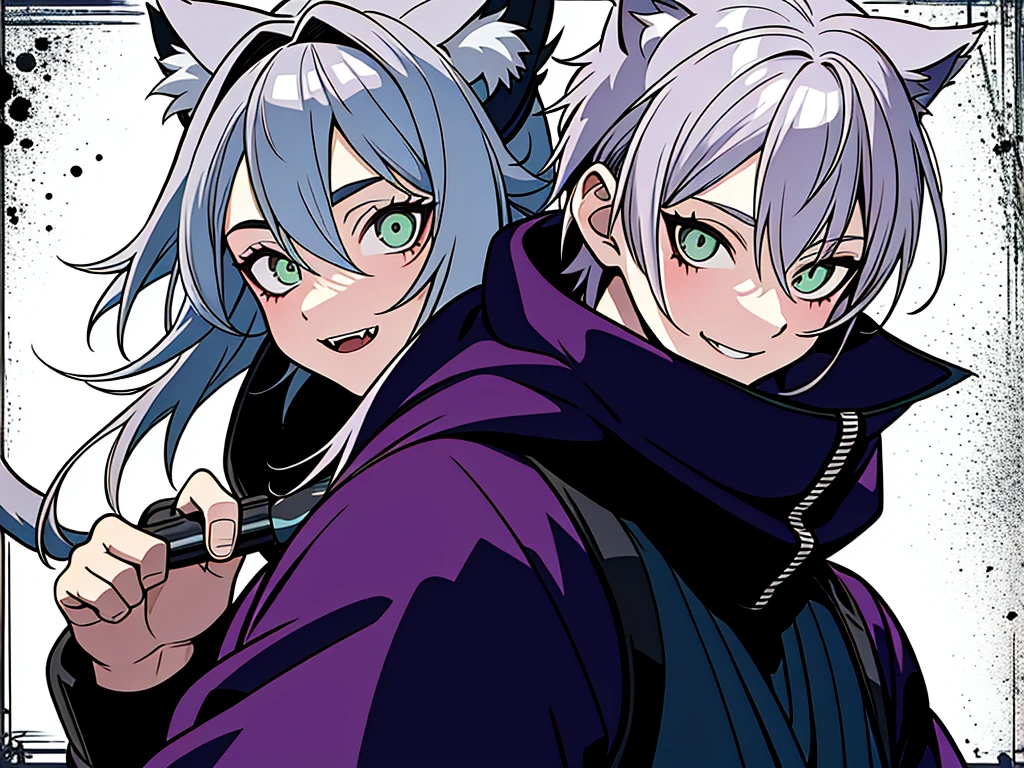 SFW, ultra 4k hd, absurdres, anime, naruto, white hair, lavender hair, gray hair, silver hair, neko, green eyes, ninja, short hair, chubby, medium breasts, messy hair, gray hair, cat ears, catgirl, nekomimi, cat tail, forehead protector, kunoichi, hair between eyes, silver hair, anime style, fullbody, eye scar, fangs, 1girl, naruto shippuden, solo, baggy clothes, alone, forest, village, 1fang, cloak, fishnets, v bangs, bangs, fluffy, dark clothes, purple clothes, clothing design, ninja fashion, light eyes, scar over eye, light green eyes, scars, hood, hood down, hood off, ((best quality:1), (masterpiece:1), (ultra-detailed:1):1.3), cinematic lighting, detailed background, detailed, absurd detail, ahoge, half updo hairstyle, dynamic lighting, (detailed background:1), sidetails, long side locks