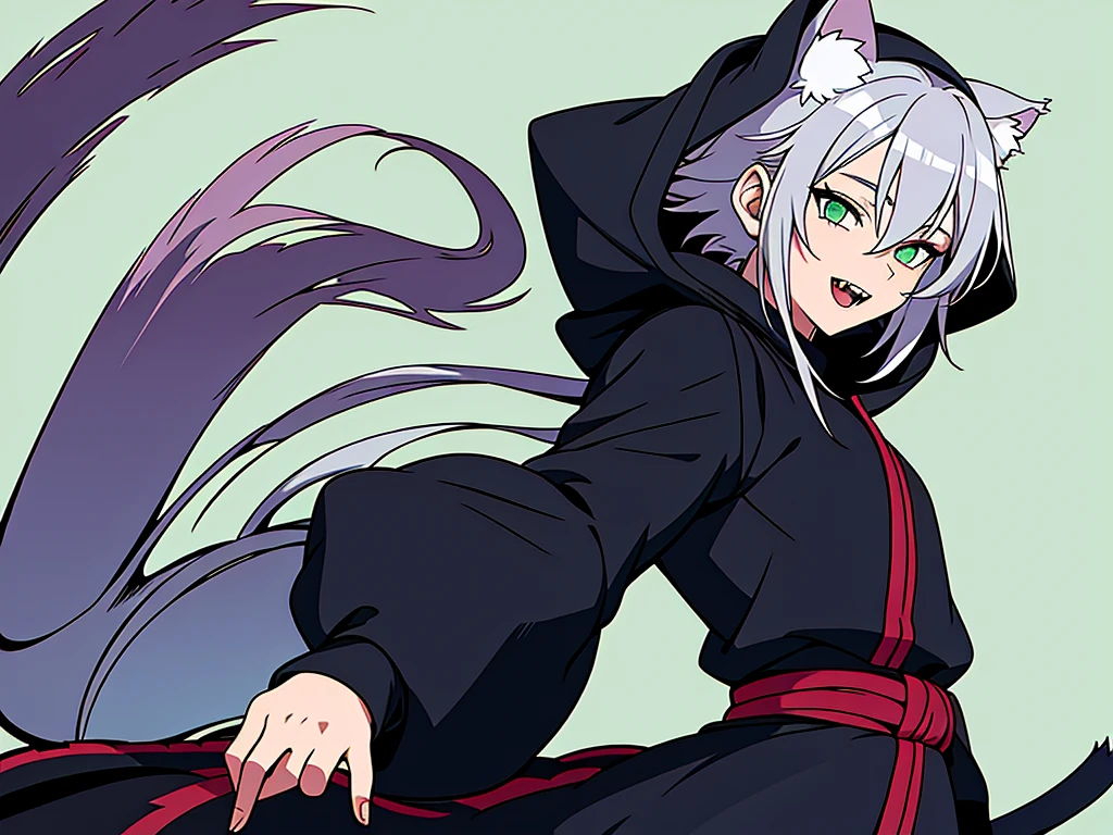 SFW, ultra 4k hd, absurdres, anime, naruto, white hair, lavender hair, gray hair, silver hair, neko, green eyes, ninja, short hair, chubby, medium breasts, messy hair, gray hair, cat ears, catgirl, nekomimi, cat tail, forehead protector, kunoichi, hair between eyes, silver hair, anime style, fullbody, eye scar, fangs, 1girl, naruto shippuden, solo, baggy clothes, alone, forest, village, 1fang, cloak, fishnets, v bangs, bangs, fluffy, dark clothes, purple clothes, clothing design, ninja fashion, light eyes, scar over eye, light green eyes, scars, hood, hood down, hood off, ((best quality:1), (masterpiece:1), (ultra-detailed:1):1.3), cinematic lighting, detailed background, detailed, absurd detail, ahoge, half updo hairstyle, dynamic lighting, (detailed background:1), sidetails, long side locks