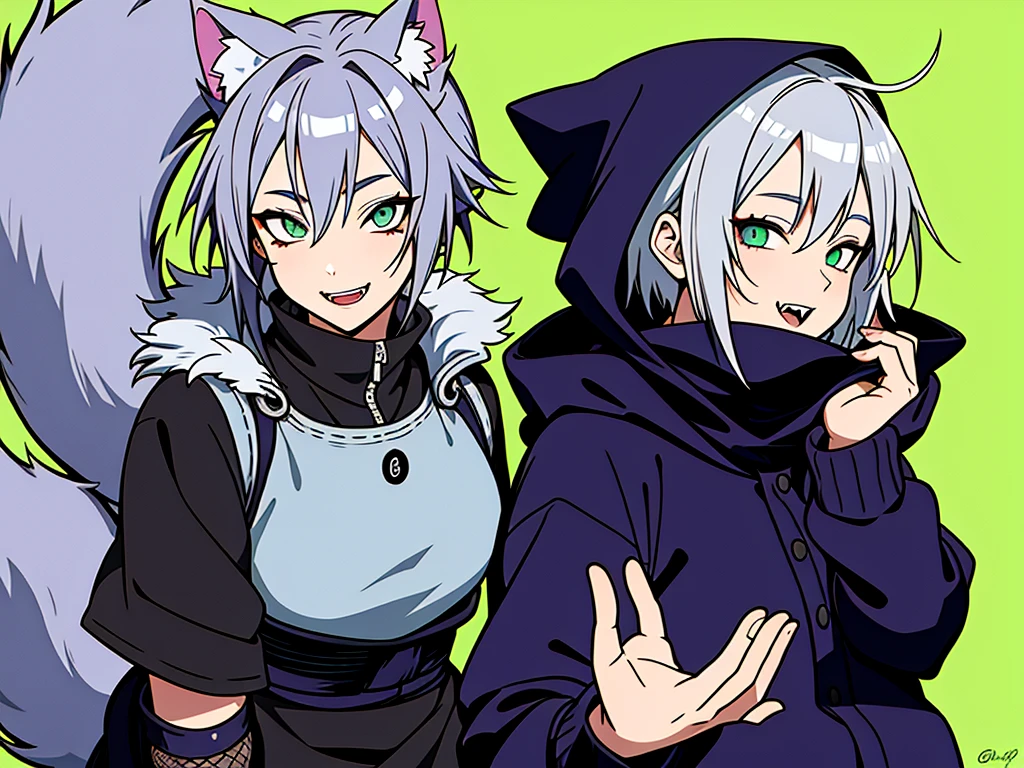 SFW, ultra 4k hd, absurdres, anime, naruto, white hair, lavender hair, gray hair, silver hair, neko, green eyes, ninja, short hair, chubby, medium breasts, messy hair, gray hair, cat ears, catgirl, nekomimi, cat tail, forehead protector, kunoichi, hair between eyes, silver hair, anime style, fullbody, eye scar, fangs, 1girl, naruto shippuden, solo, baggy clothes, alone, forest, village, 1fang, cloak, fishnets, v bangs, bangs, fluffy, dark clothes, purple clothes, clothing design, ninja fashion, light eyes, scar over eye, light green eyes, scars, hood, hood down, hood off, ((best quality:1), (masterpiece:1), (ultra-detailed:1):1.3), cinematic lighting, detailed background, detailed, absurd detail, ahoge, half updo hairstyle, dynamic lighting, (detailed background:1), sidetails, long side locks