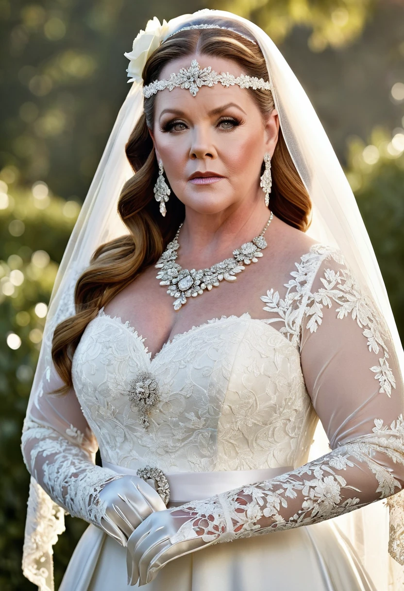 Melissa McCarthy modeling in a majestic, outdoor setting, adorned in a lace bohemian bridal gown boasting long sleeves ribbon belt on waist, Crowning her head are flowers and a veil while diamond earrings and necklace sparkle in contrast with the white satin of her elbow-length opera gloves, realistic, 4k, hd, detailed, perfect anatomy, perfect hands, perfect face
