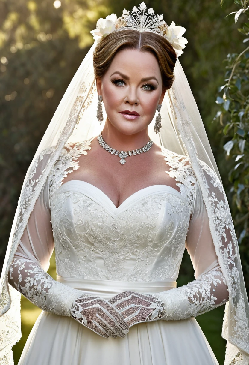 Melissa McCarthy modeling in a majestic, outdoor setting, adorned in a lace bohemian bridal gown boasting long sleeves ribbon belt on waist, Crowning her head are flowers and a veil while diamond earrings and necklace sparkle in contrast with the white satin of her elbow-length opera gloves, realistic, 4k, hd, detailed, perfect anatomy, perfect hands, perfect face