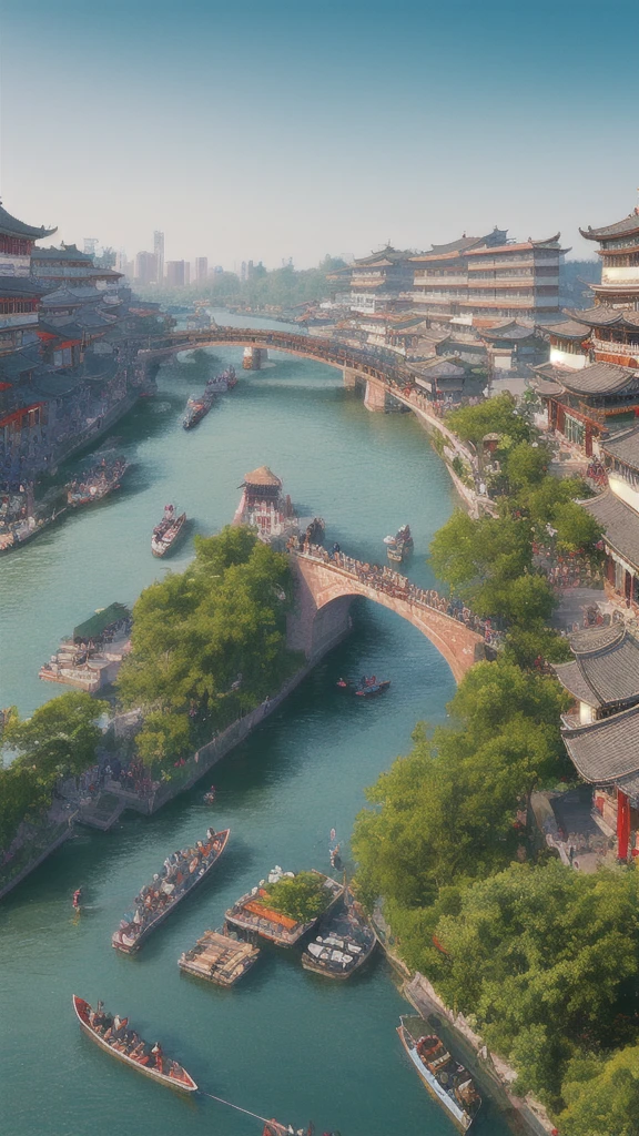 Along the river during the Qingming Festival，horizontal layout, High resolution, Highest quality, Super detailed, Dynamic Angle, floating, Bustling streets, Intricate details, Historical Buildings, Flowing River, Vibrant colors, Volumetric lighting, Crowded boat and bridge, rich cultural background.