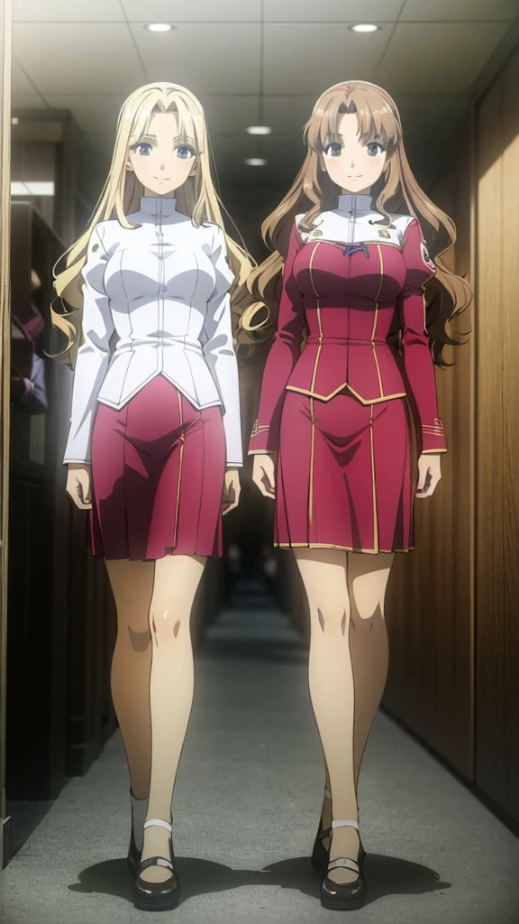 masterpiece, high quality, Multiple girls, organization, Same sisters, Blonde Hair, curls, (brown haired sisters, Blonde sisters, many sisters, Match hairstyle, different hair colors), Hazel eyes, Medium bust, pencil long skirt blue ((Matching Clothing, Uniforms)), Smile, flat_color, Same height, organization pose, Back to back, full body