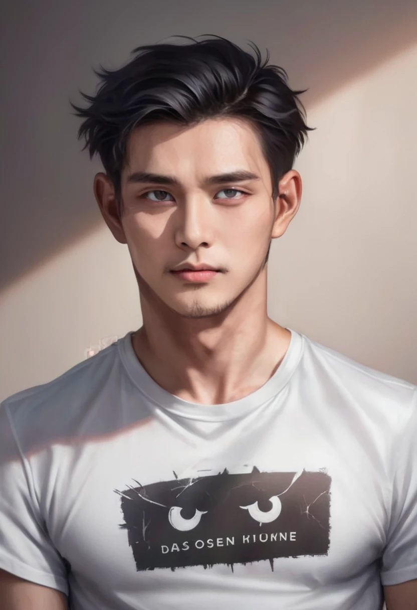 A man with realistic black hair, exactly the same hairstyle, realistic gray eyes,Realistic Korean handsome face, realistic v chin, realistic cool expression, realistic sharp eyes, realistic black t-shirt, realistic light, realistic shadow, realistic background,Realistic indoors