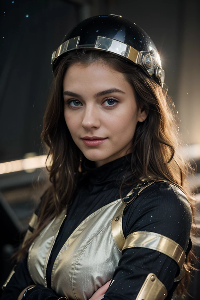 render un ((Best Quality)), ((Masterpiece)), (detailed), 128k, Realistic image of adventurous woman with long blonde hair., golden hair and piercing blue eyes, (SMILE:1.0). She is dressed in a futuristic suit., with elegant metallic details and shiny elements. A helmet rests under his arm., ready for your journey into the unknown. The background must represent a vast and mysterious cosmos., with swirling galaxies and distant stars, hinting at the wonders that await your exploration.
