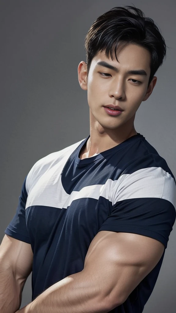 (Create a masterpiece: 1.2),(CGI art:1.3),(realistic:1.5),(After processing:1.3), (Sharp focus:1.3), 1 man, open mouth, smile, (Navy blue round neck t-shirt:1.3), Navy cargo pants, Korean guy , korean men, (High gloss details), chest muscles, large arm muscles, blood vessel, Big muscles, Broad shoulders, looking at the audience, Balancing the eyes, bedroom, Close your eyes.,(open mouth:1.1)