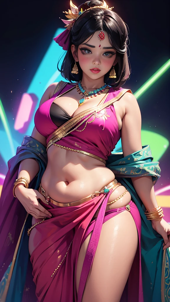 Desi bbw  short  saree neon background 