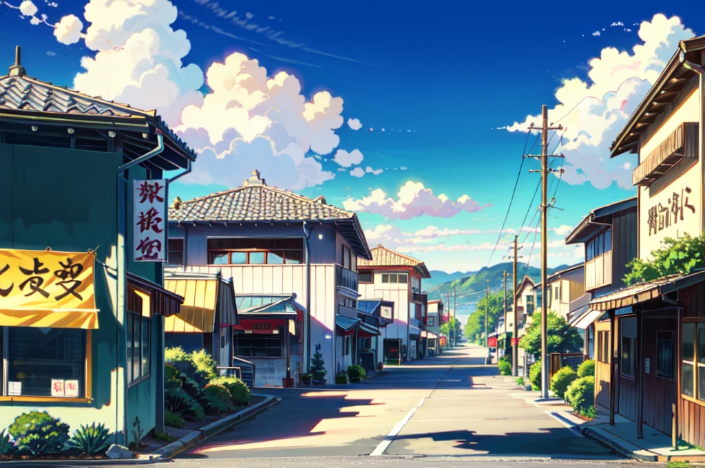 anime background, anime wallpaper, anime, anime style, praise, praise style, Modern Japanese streets, Mountain々, Uphill, Modern Japanese architecture, Japanese Convenience Stores, big retro japanese Store sign, Retro Japanese shop, wood, plant, rock, 植wood鉢, Store sign, Japanese Banner, Japanese Signs, flag, sunrise, Golden Hour, Golden lighting, Empty Streets, no one in sight, (no one: 1), Highest quality