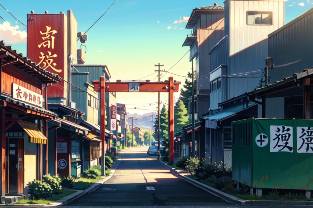 anime background, anime wallpaper, anime, anime style, praise, praise style, Modern Japanese streets, Mountain々, Uphill, Modern Japanese architecture, Japanese Convenience Stores, big retro japanese Store sign, Retro Japanese shop, wood, plant, rock, 植wood鉢, Store sign, Japanese Banner, Japanese Signs, flag, sunrise, Golden Hour, Golden lighting, Empty Streets, no one in sight, (no one: 1), Highest quality