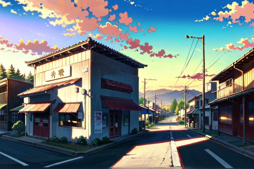 anime background, anime wallpaper, anime, anime style, praise, praise style, Modern Japanese streets, Mountain々, Uphill, Modern Japanese architecture, Japanese Convenience Stores, big retro japanese Store sign, Retro Japanese shop, wood, plant, rock, 植wood鉢, Store sign, Japanese Banner, Japanese Signs, flag, sunrise, Golden Hour, Golden lighting, Empty Streets, no one in sight, (no one: 1), Highest quality