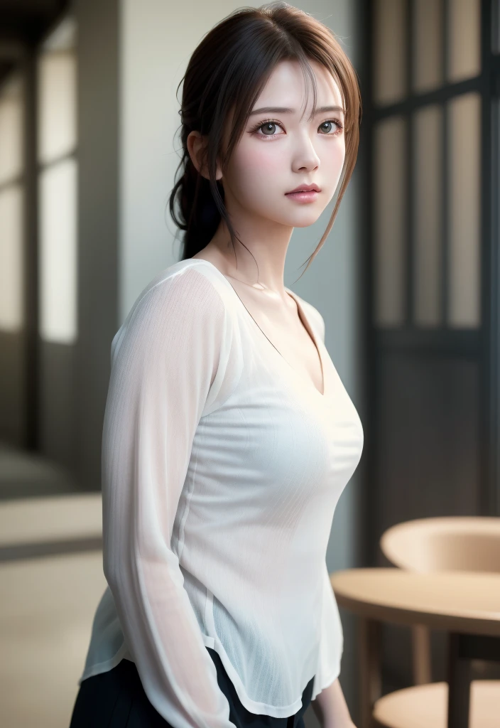 8K, of the highest quality, masutepiece:1.2), (Realistic, Photorealsitic:1.37), of the highest quality, masutepiece, Beautiful young woman, Pensive expression, Sweet look, Sexy white shirt、Hair tied back, Messy mood, Cinematic background, Tired, Light skin tone