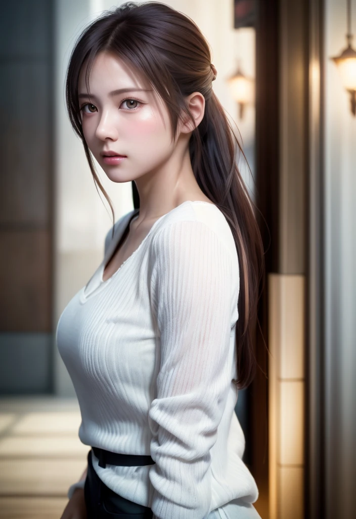 8K, of the highest quality, masutepiece:1.2), (Realistic, Photorealsitic:1.37), of the highest quality, masutepiece, Beautiful young woman, Pensive expression, Sweet look, Sexy white shirt、Hair tied back, Messy mood, Cinematic background, Tired, Light skin tone