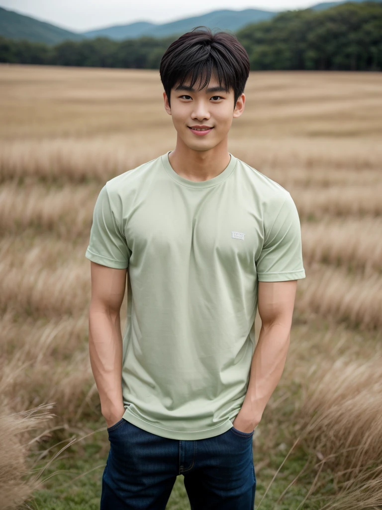 独奏: 1.5, (As a matter of fact, Masterpiece, 8k HD, good light quality, sportswear, fit the face, complicated details), A handsome Korean young man with muscular arms. , 20 years old, be happy, smile brightly, detailed face, delicate eyes, look at the sky, Wear a tight green t-shirt.:1.6 ,Wear a denim coat., jeans period, black eyes, Black hair color, ผมsmooth, smooth，Surreal，Awesome details，Highest quality，real，Open your mouth to talk. , Close your eyes., (standing in the grass:1.5)