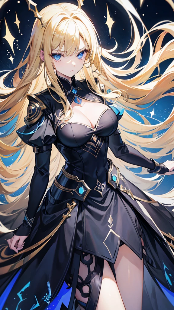 Nara Vor EndField has long, flowing blonde hair that reaches her waist and piercing blue eyes, reflecting intelligence and sharpness. She wears a wide, full-length black dress with a high collar, covering her completely and adding a touch of elegance. Her serious and focused expression suggests determination and readiness for a challenge. The abstract, glowing background enhances the mysterious and dramatic aura surrounding her, emphasizing her strong and charismatic presence.