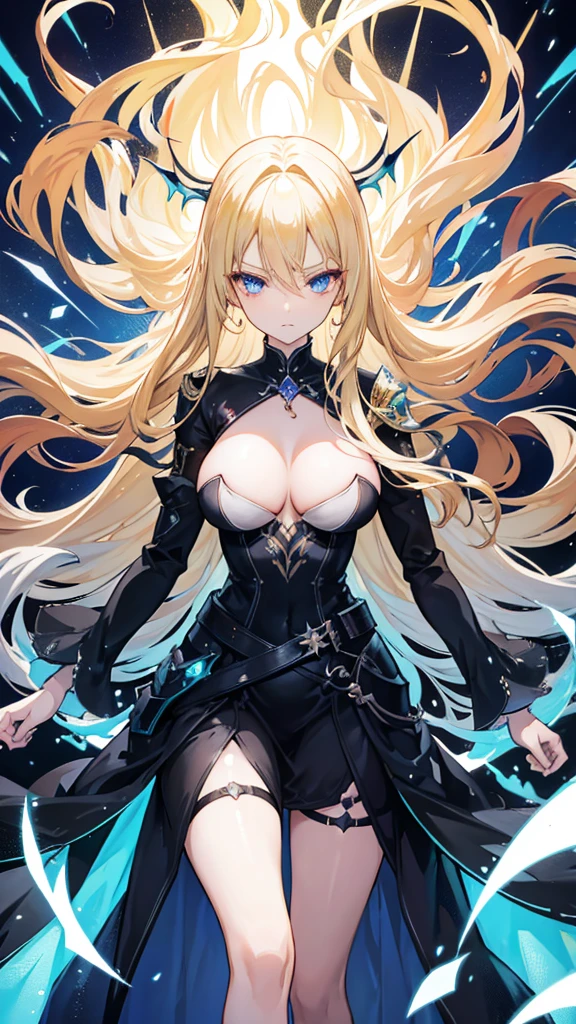 Nara Vor EndField has long, flowing blonde hair that reaches her waist and piercing blue eyes, reflecting intelligence and sharpness. She wears a wide, full-length black dress with a high collar, covering her completely and adding a touch of elegance. Her serious and focused expression suggests determination and readiness for a challenge. The abstract, glowing background enhances the mysterious and dramatic aura surrounding her, emphasizing her strong and charismatic presence.