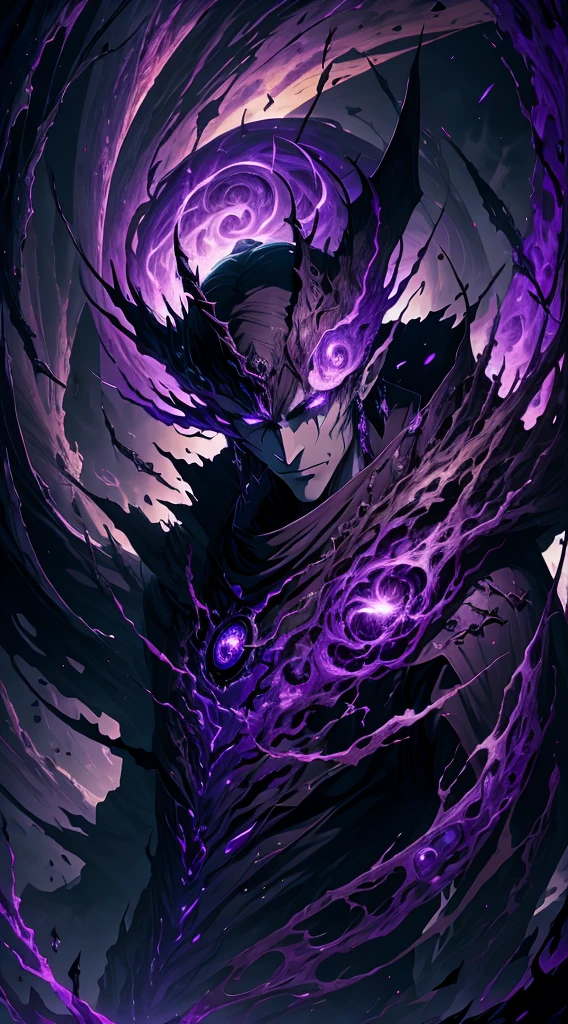 (absurdres, highres, ultra detailed, HDR), masterpiece, best quality, vampire male sitting on demon with a giant eye, in arrogant look, solo, vampire, male, demon eyeball, giant eyeball, disgusting, black demon wing, demon horn, handsome, purple eye, glowing eye, black robe, earring and accessory, bare chest, arrogant face, full body, magic vortex, spark, swirl, black and purple aura, dark purple cloudy sky, abyss, abstract background, from side, look up, evil smile