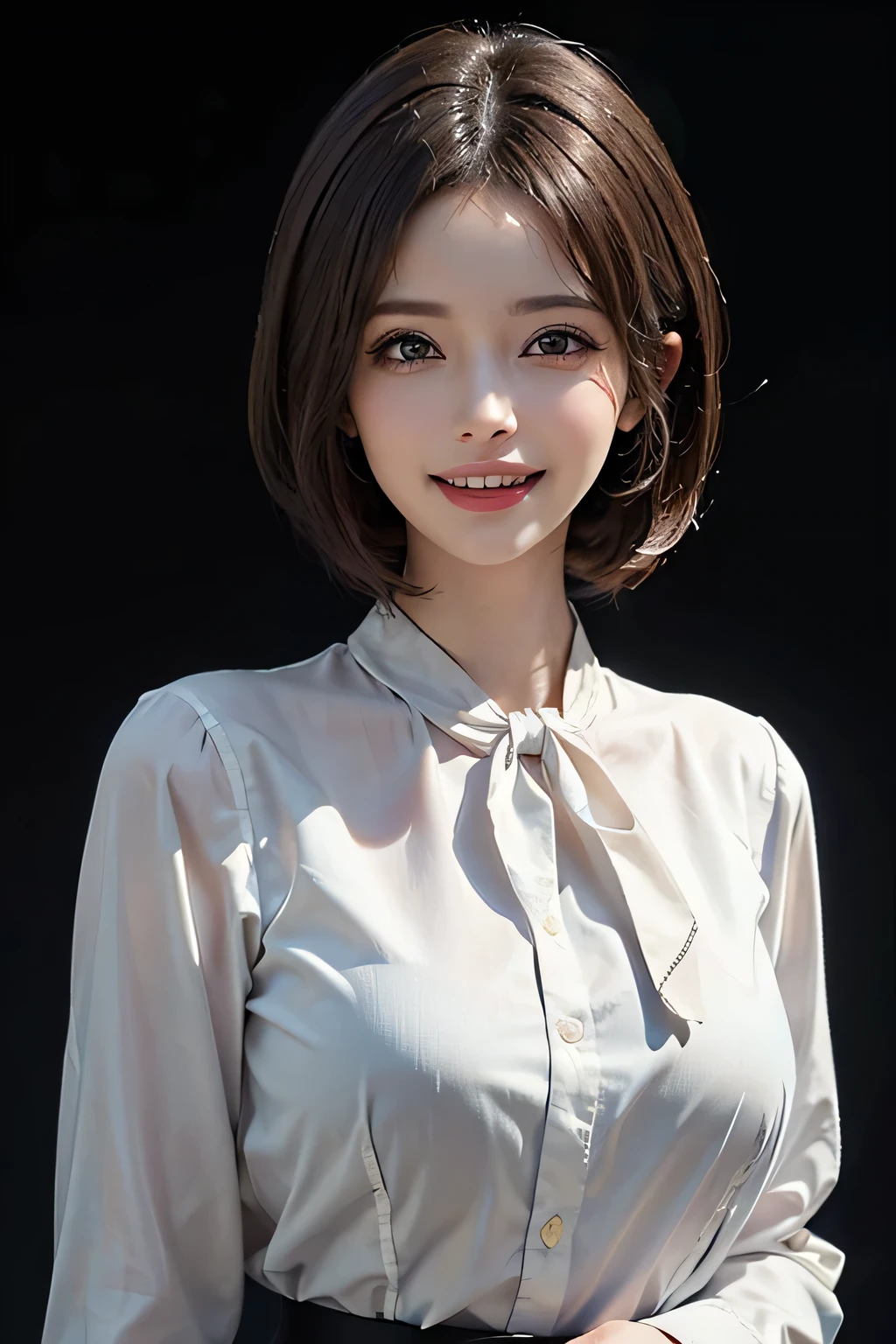 ((masterpiece)), ((Highest quality)), ((Complex)), ((Surreal)), (Realistic), (Mature Woman), ((There are no classes)), Very detailed, (1 female), Beautiful and exquisite, (Beautiful Teeth), Grin, Brunette Bob Hair, Brown eyes, ((blouse)), (Upper Body), (background:none), Perfect Eyes, Captivating eyes, Looking at the audience
