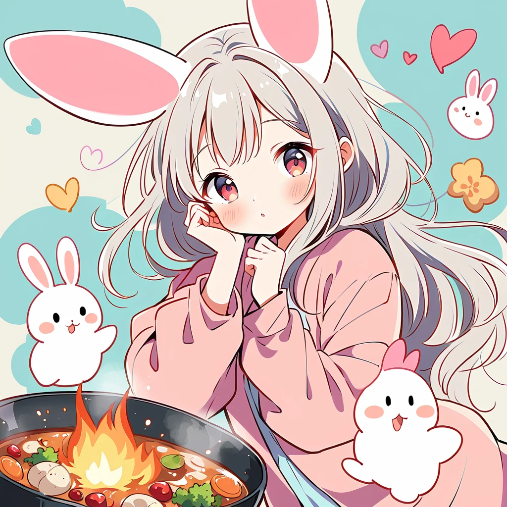 Black Star Red and White style, Simple Line Initialism,Abstract art,Urban Background, colorful hearts ,(((The most beautiful girl of all time))), On a bright red campus"YES"Character、beautiful illustration, best quality, cute girl, bedroom, pastel color, fluffy bunny ears, , silver long hair, alert! Alert! Gather around the warm and inviting theme of "Campfire" (キャンプファイヤー). Capture the glow of flickering flames and the camaraderie of people sharing stories, cooking, or simply enjoying the warmth together.