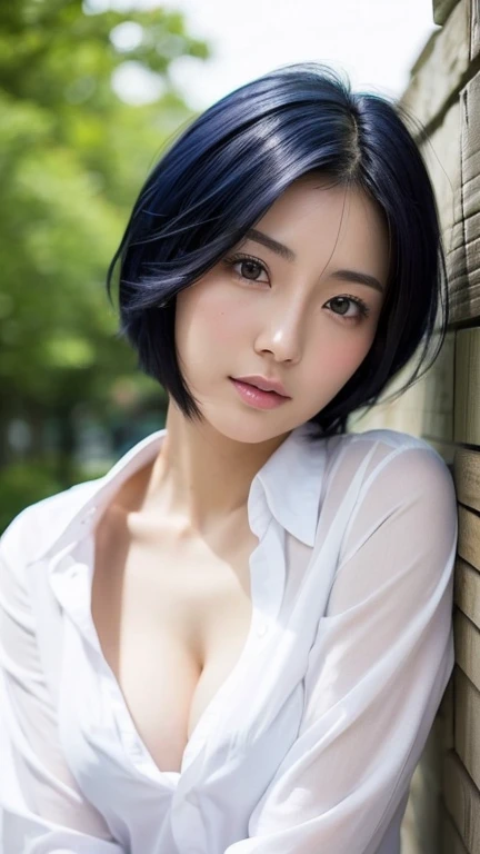 Highest quality、Japanese women、The most beautiful woman in the world、sexy、Blue-black hair color、Short Hair Style、Small face、Beautiful skin、Daytime、outside、、Large breasts、Realistic、sexyな横顔、White shirt