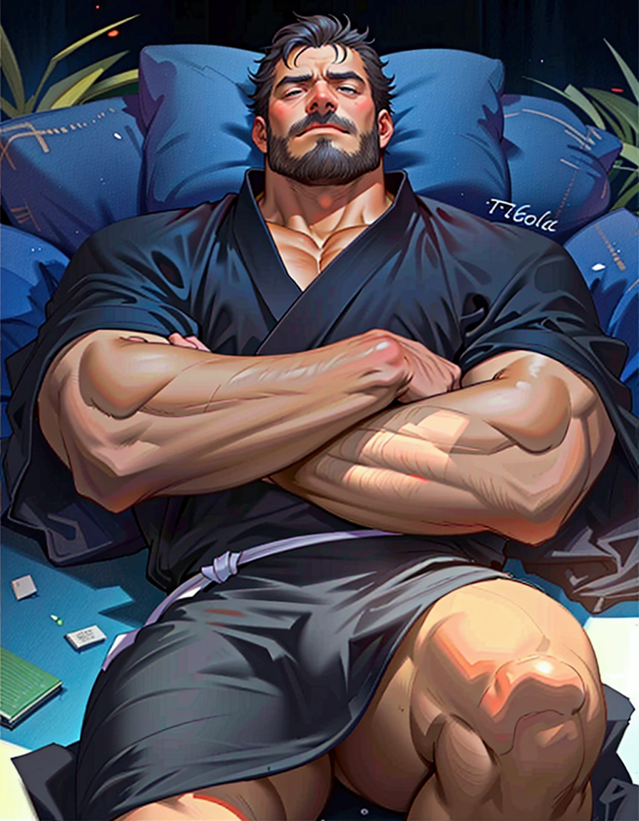 There is a man lying on a blue chair, Rest after a hard battle, The strongest posture, Looks heavy, Perseverance, muscular!!, relaxed poses, Relaxation concept art, gigachad muscular, German anger, High resolution commissions, Kentaro Miura Art, Detailed fan art, Kentaro Miura manga art style