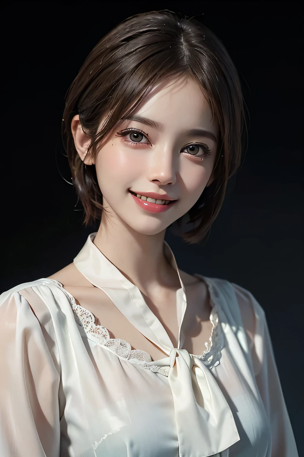 ((masterpiece)), ((Highest quality)), ((Complex)), ((Surreal)), (Realistic), (Mature Woman), ((There are no classes)), Very detailed, (1 female), Beautiful and exquisite, (Beautiful Teeth), Grin, Brunette Bob Hair, Brown eyes, ((blouse)), (Upper Body), (background:none), Perfect Eyes, Captivating eyes, Looking at the audience