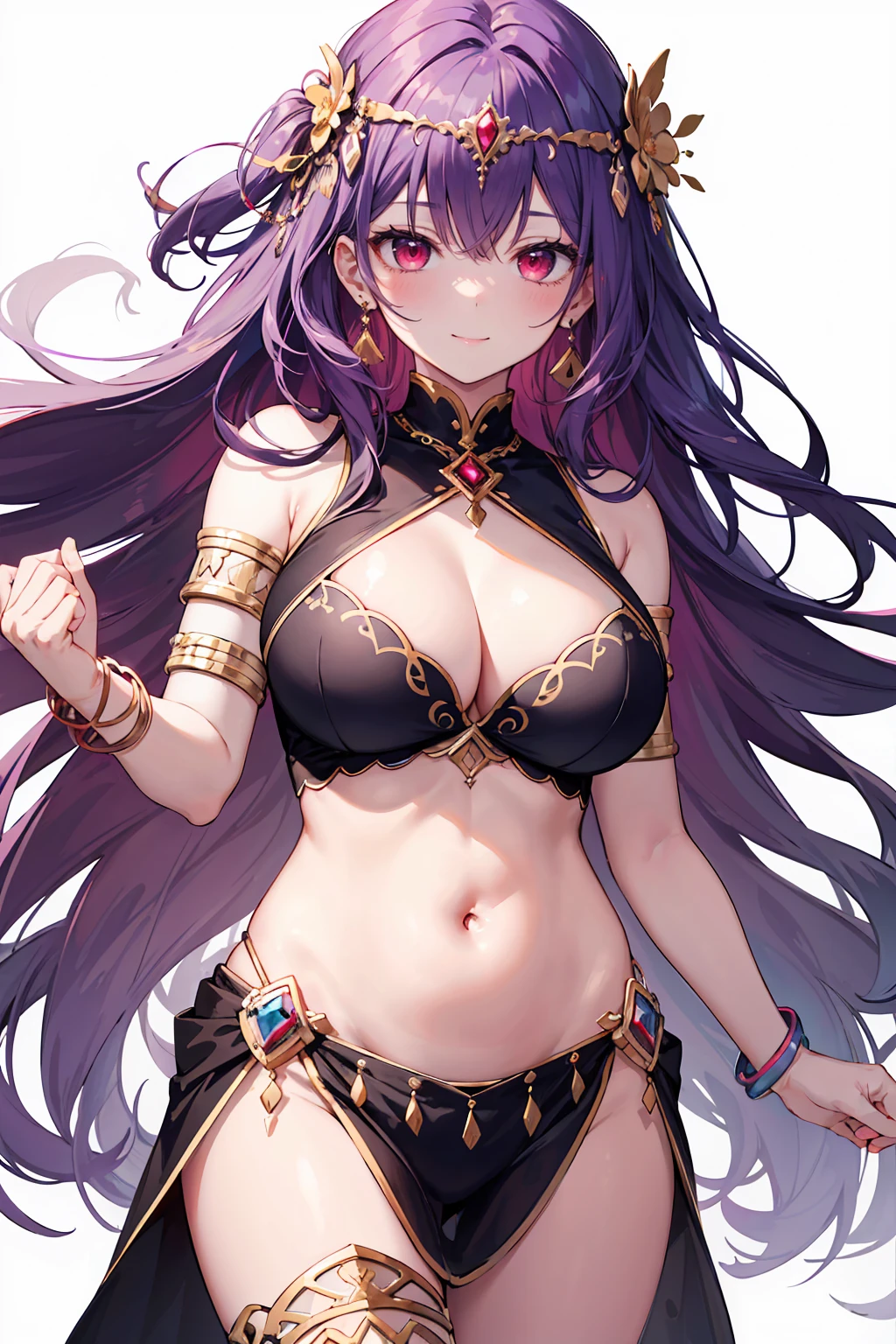 high quality, ultra detailed, best quality, insanely detailed, beautiful, masterpiece, 1girl, white background, cowboy shot, red eyes, long hair, purple hair, belly dancer, circlet, earrings, armlets, bracelets, bashful smile, large breasts, cleavage, soft stomach