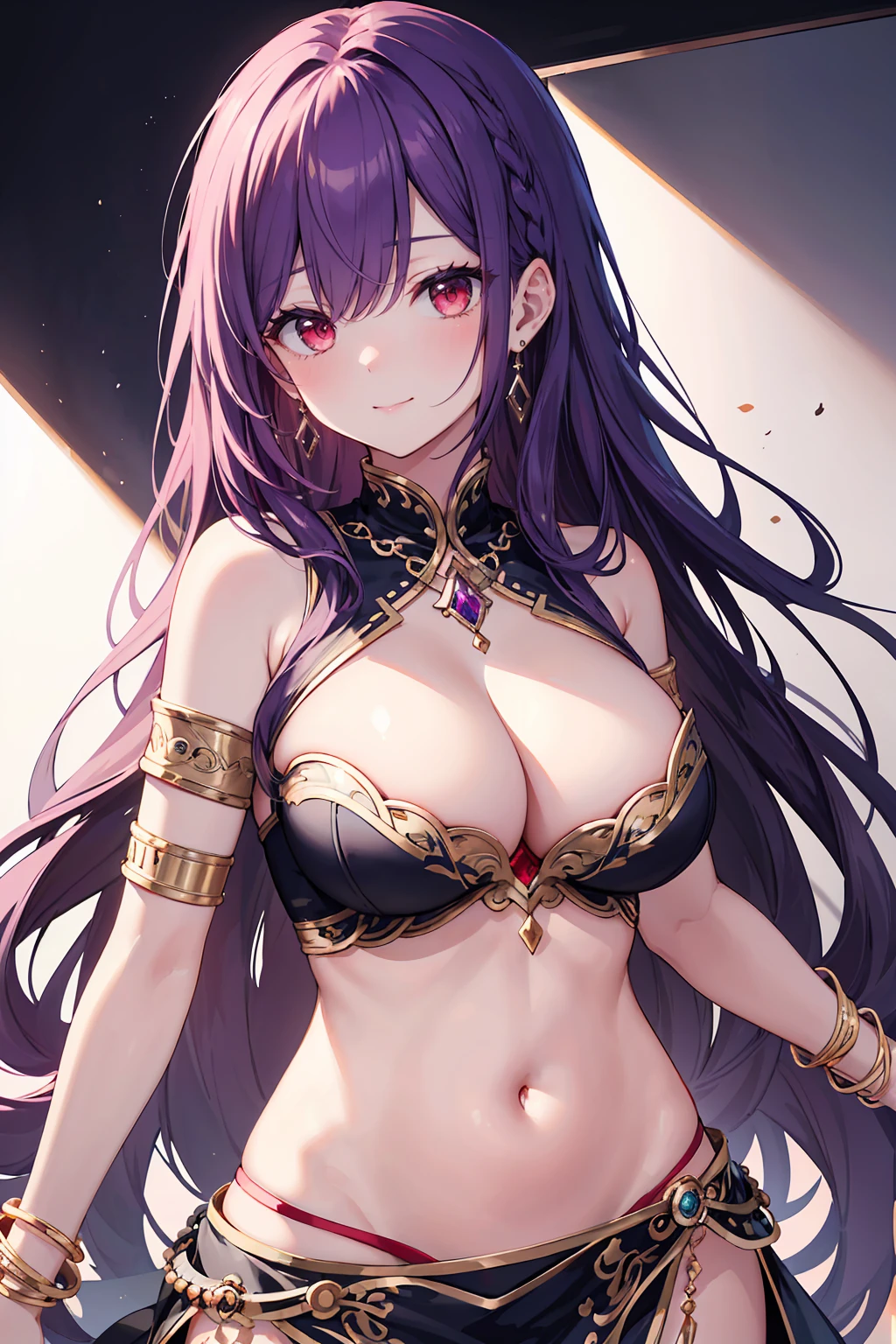 high quality, ultra detailed, best quality, insanely detailed, beautiful, masterpiece, 1girl, white background, cowboy shot, red eyes, long hair, purple hair, belly dancer, circlet, earrings, armlets, bracelets, bashful smile, large breasts, cleavage, soft stomach