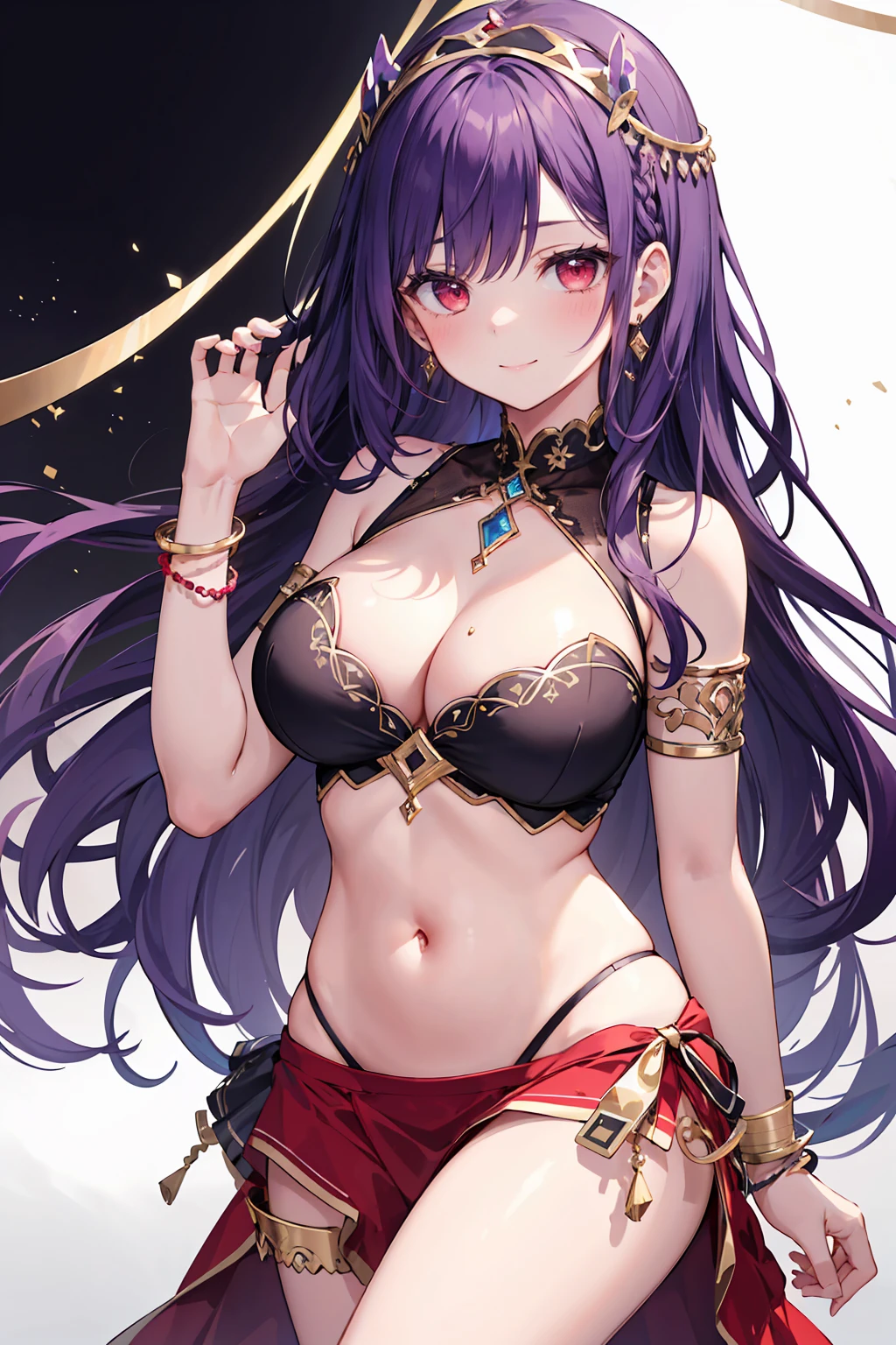high quality, ultra detailed, best quality, insanely detailed, beautiful, masterpiece, 1girl, white background, cowboy shot, red eyes, long hair, purple hair, belly dancer, circlet, earrings, armlets, bracelets, bashful smile, large breasts, cleavage, soft stomach