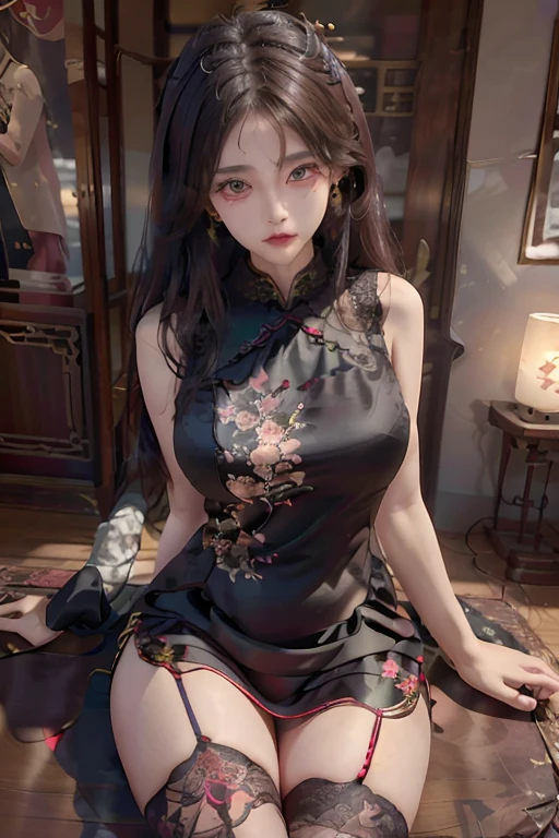 (whole body)Standing Girl, Big breasts, lace cheongsam, big eyes, high nose bridge, black garter stockings