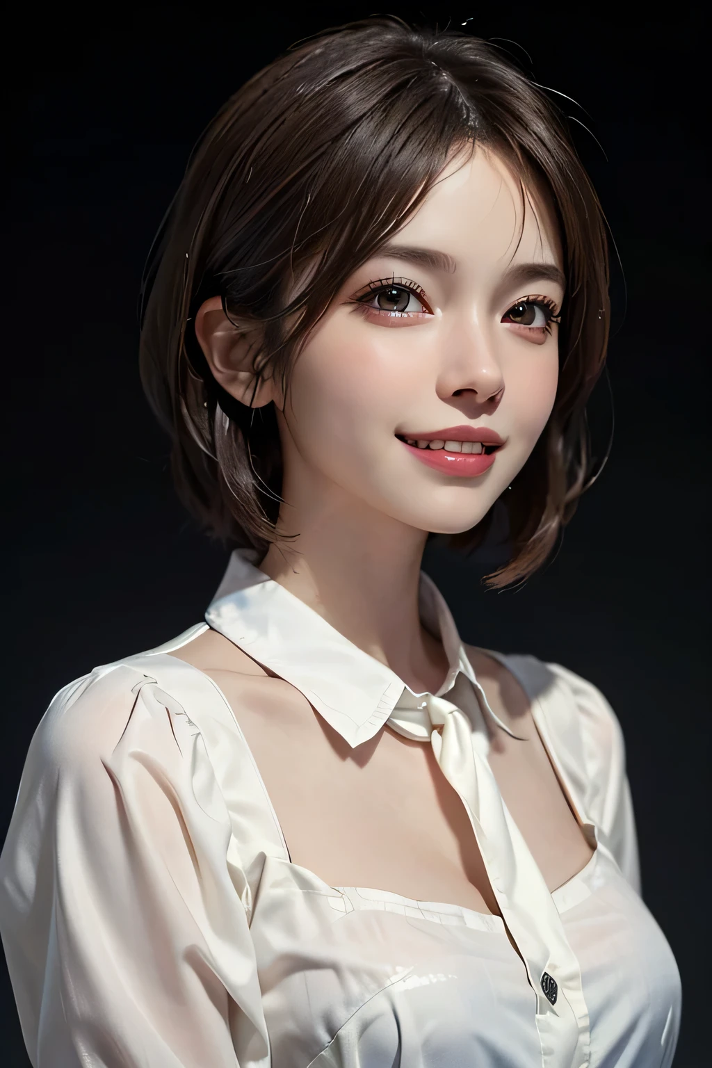 ((masterpiece)), ((Highest quality)), ((Complex)), ((Surreal)), (Realistic), (Mature Woman), ((There are no classes)), Very detailed, (1 female), Beautiful and exquisite, (Beautiful Teeth), Grin, Brunette Bob Hair, Brown eyes, ((blouse)), (Upper Body), (background:none), Perfect Eyes, Captivating eyes, Looking at the audience