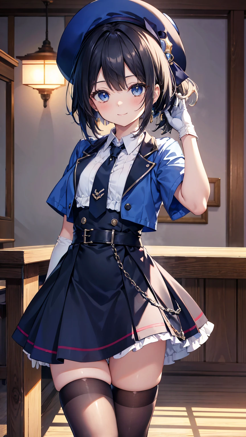 2d, masterpiece, best quality, Japanese cartoon, The facial details are very rich, highly detailed eyes, Very detailed background, Perfect lighting, Cowboy shooting, 1 girl, alone, Archie Rosenthal, Collared dress, Short skirt, Short sleeve, Blue Jacket, Black over-the-knee stockings, falling hair, long hair, Low double ponytail, bob cut, tie, hat, White gloves, Elbow gloves, Wide hips, Smile, Permanent, spacecraft interior