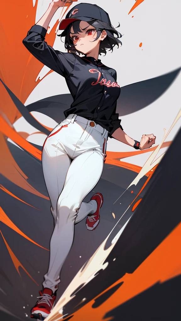 ( Absurd , high quality , Super detailed, Watch your hands )Black short hair,Red eyes,Small breasts,Small breasts,Baseball uniform,Black baseball cap,Long sleeve,White trousers,One ,Primary school students,Baseball Ground,Serious face,Run at full speed