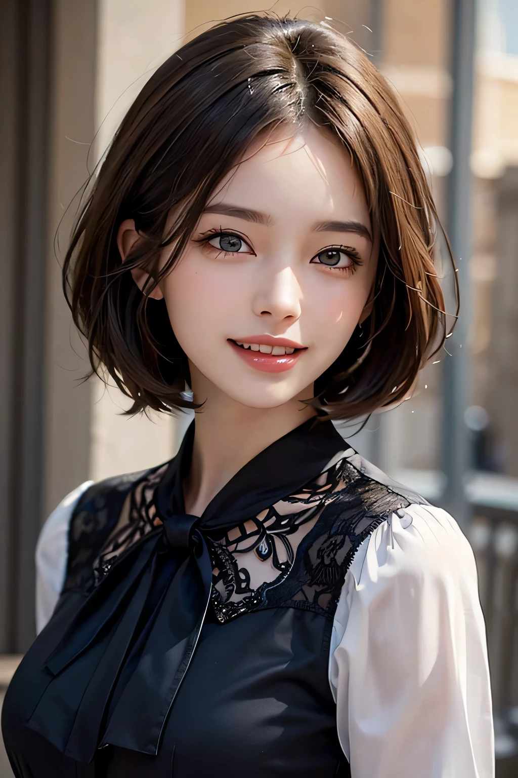 ((masterpiece)), ((Highest quality)), ((Complex)), ((Surreal)), (Realistic), (Mature Woman), ((There are no classes)), Very detailed, (1 female), Beautiful and exquisite, (Beautiful Teeth), Grin, Brunette Bob Hair, Brown eyes, ((blouse)), (Upper Body), (background:none), Perfect Eyes, Captivating eyes, Looking at the audience