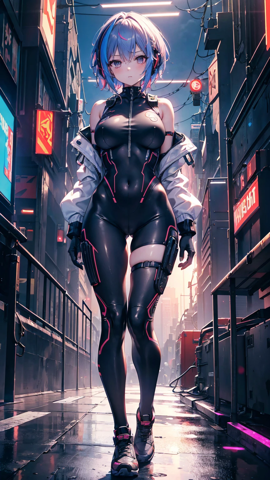 (Extremely detailed CG unified 8k wallpaper), (Super detailed), masterpiece, best quality, Lucy (cyberpunk), bodysuit, alone, breast, cyberpunk city, colorful hair, short hair, looking at the audience, medium breast, black bodysuit, Gray eyes, hip vents, Clothing tailoring, Thigh gap, cover navel, White jacket, Bare shoulders, shorts, bench,