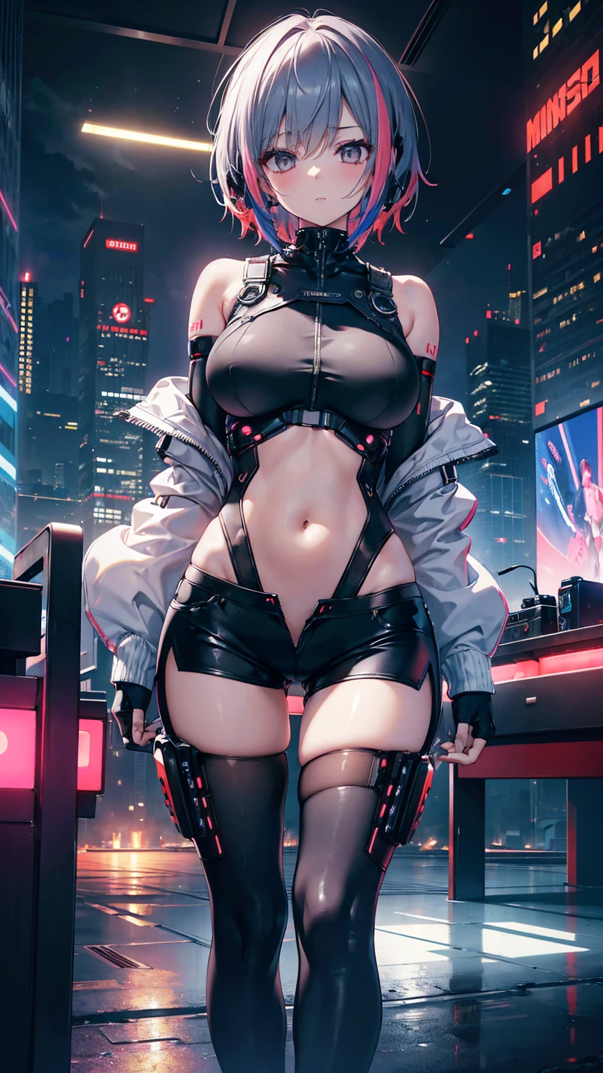 (Extremely detailed CG unified 8k wallpaper), (Super detailed), masterpiece, best quality, Lucy (cyberpunk), bodysuit, alone, breast, cyberpunk city, colorful hair, short hair, looking at the audience, medium breast, black bodysuit, Gray eyes, hip vents, Clothing tailoring, Thigh gap, cover navel, White jacket, Bare shoulders, shorts, bench,