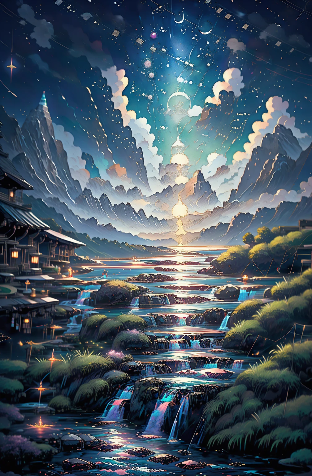 {{{Crescent Moon,Tabletop}}}, {{Highest quality, Ultra-fine illustrations, Beautiful and delicate water}}, {{Very delicate light}}, {{nature, Painting}}, {{Excellent lighting, A more transparent star, Quality Mountains々々々々々々々, Very beautiful 8K PCG wallpaper}}, (plateau), sunrise, Randomly distributed clouds, cliff, ((Rotating starry sky)), ((Lake of the mountain stream)), {{{Glowing particles,samurai,Hold the sword,Japanese sword}}}