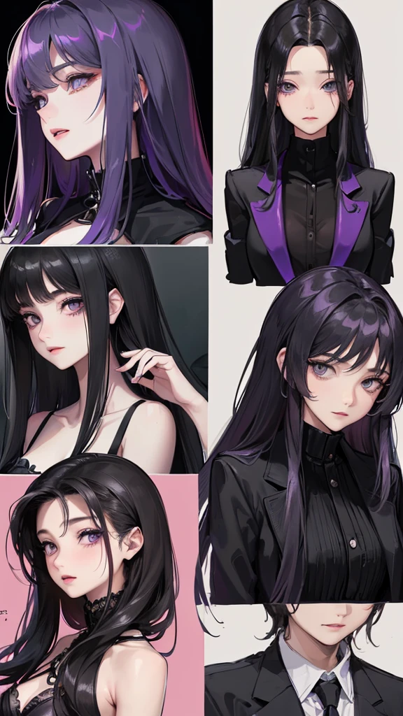 (Top resolution、Distinct_image)top-quality、female 、masterpiece、highly detailed、Semi-realistic、purple eyes 、18year old、young、cool clothing、Exquisite facial features、Facial features ,variations, potrait, a bar background, Black hair , long straight hairstyles, wear black suits, Mafia , yakuza, criminals , badass, cold eyes,