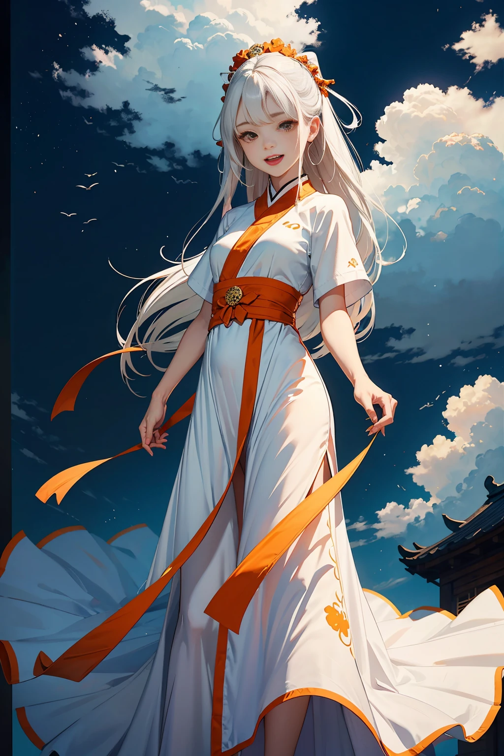 high quality , one white hair girl and one white hair boy, long hair, wuxia character, ((white clothes with blue and orange accent)), ink painting background, flat background, minimalist background, wind pattern background, smiling, standing back to back, white background, cinematic lingting, open mouth
