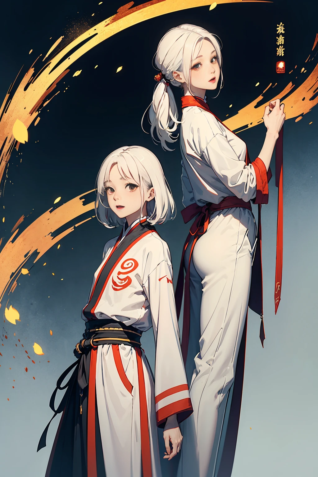 high quality , one white hair girl and one white hair boy, long hair, wuxia character, ((white clothes with blue and orange accent)), ink painting background, flat background, minimalist background, wind pattern background, smiling, standing back to back, white background, cinematic lingting, open mouth