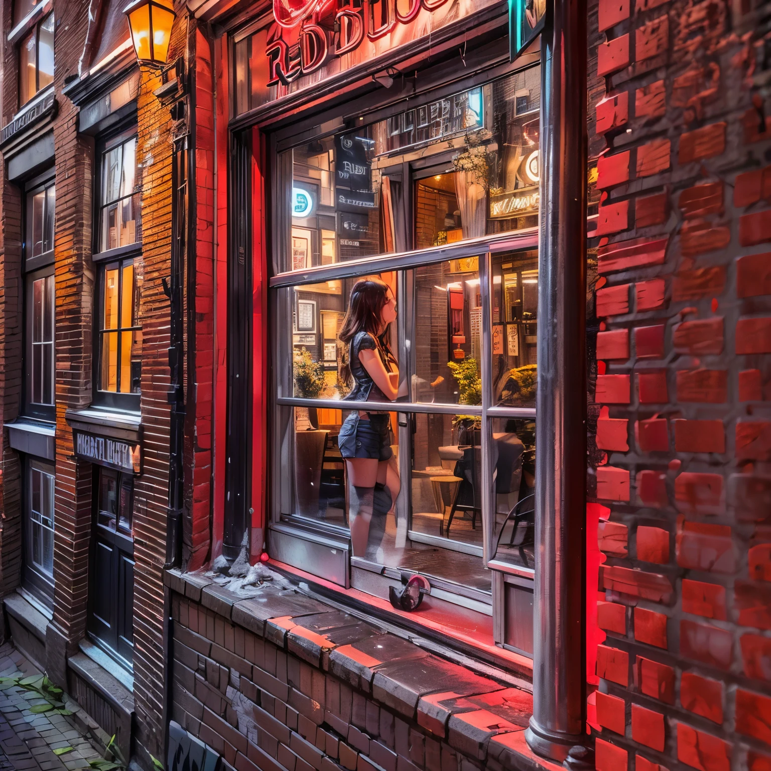 ((ExtremelyDetailed (One of the windows in Amsterdam's Red Light District:1.37) sexy girl trapped in the window)), (masterpiece 8K TopQuality) (ProfessionalPhoto:1.37), ZoomLayer, (ZoomedOut:1.28, wide-angle) View Though the window from busy sidewalk, (View Though window Glass with Reflactions)
