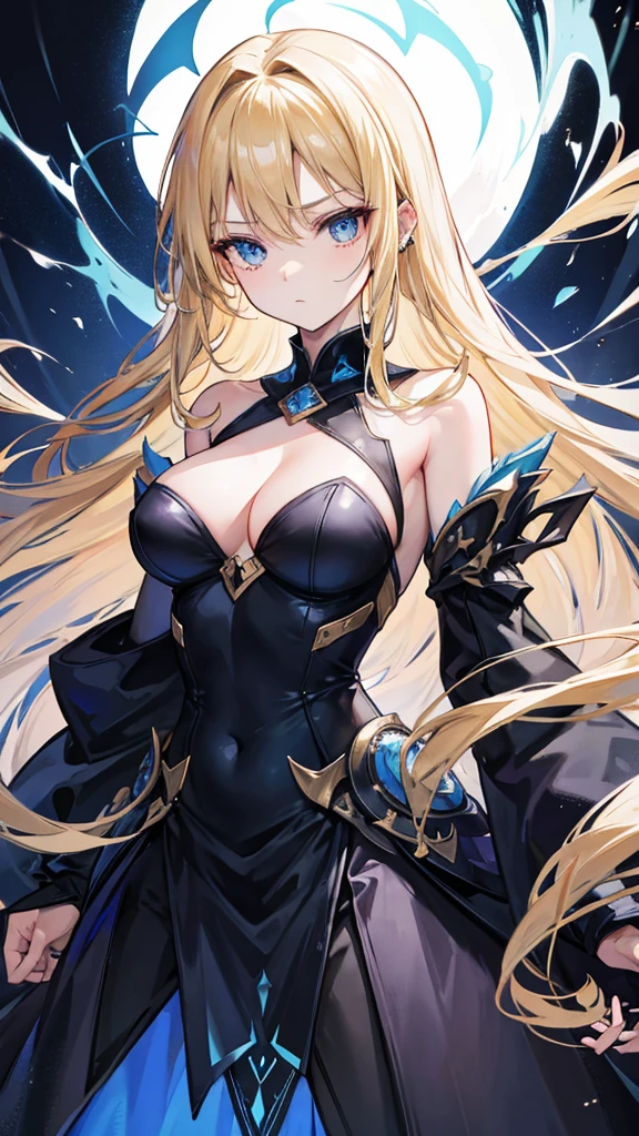 Nara Vor EndField has long, flowing blonde hair that reaches her waist and piercing blue eyes, reflecting intelligence and sharpness. She wears a wide, full-length black dress with a high collar, covering her completely and adding a touch of elegance. Her serious and focused expression suggests determination and readiness for a challenge. The abstract, glowing background enhances the mysterious and dramatic aura surrounding her, emphasizing her strong and charismatic presence.