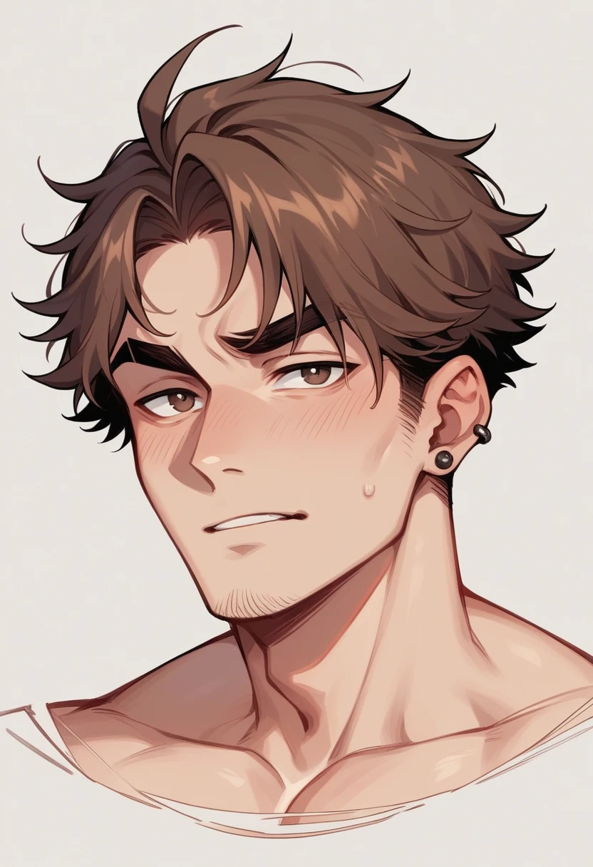 man with slightly longer brown hair and sharp eyebrows. He had a lean body with not much muscle. His looks were quite ordinary, with few unique features. Especially his ear piercings, making him look quite unique.