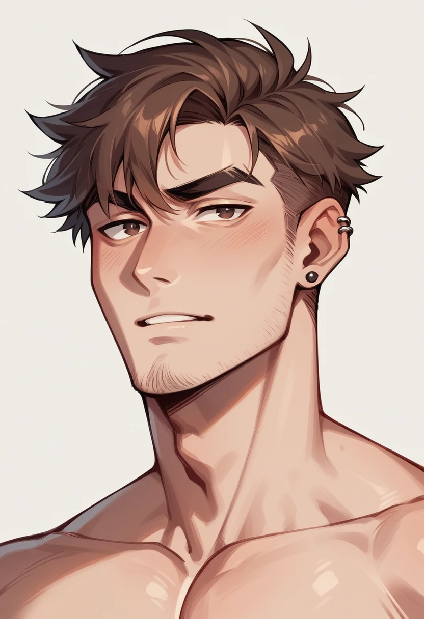 man with slightly longer brown hair and sharp eyebrows. He had a lean body with not much muscle. His looks were quite ordinary, with few unique features. Especially his ear piercings, making him look quite unique.