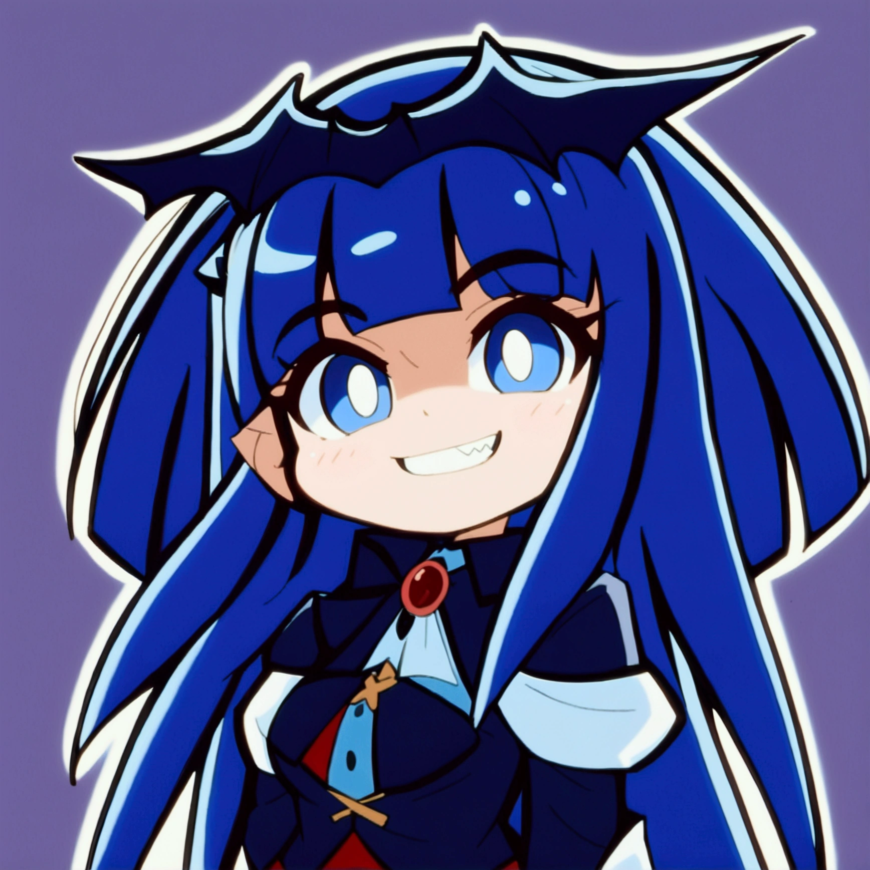 Close-up of a cartoon character with blue hair and blue outfit, anime moe artstyle, 2D anime style, [[[[grinning evilly]]]], , cel - shaded art style, I&#39;ll do fanart too, nasty grin, hero 2d fanart art, chibi, vampire