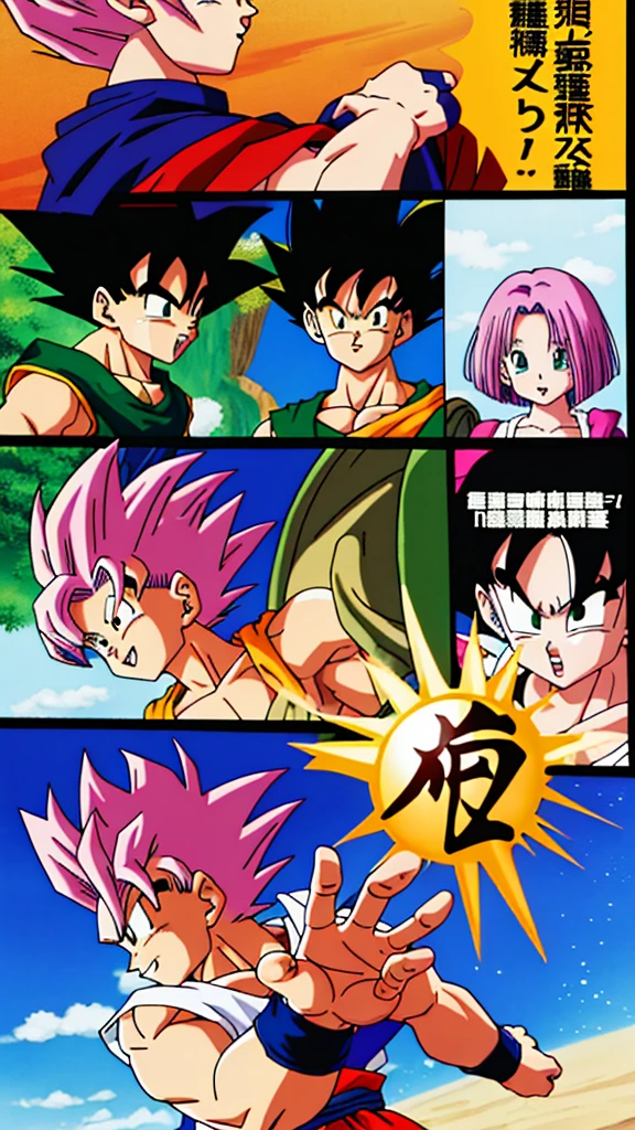 high quality、masterpiece、Akira Toriyama、Dragon Ball、Deformation、Pink Hair、short hair、Blue-green eyes、whole body、Fighting pose