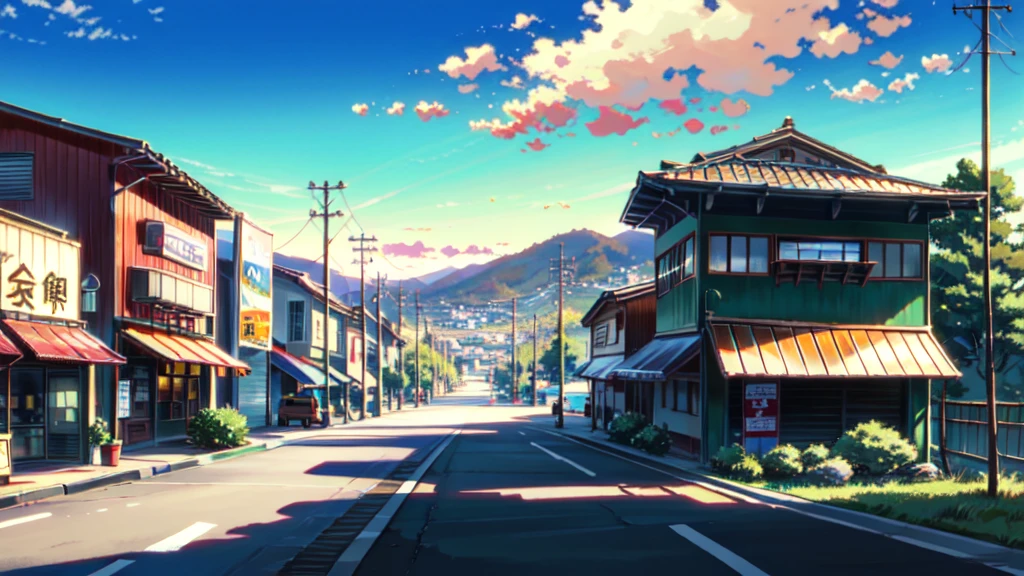 anime background, anime wallpaper, anime, anime style, praise, praise style, Modern Japanese streets, Mountain々, Uphill, Modern Japanese architecture, Japanese Convenience Stores, big retro japanese Store sign, Retro Japanese shop, wood, plant, rock, 植wood鉢, Store sign, Japanese Banner, Japanese Signs, flag, sunrise, Golden Hour, Golden lighting, Empty Streets, no one in sight, (no one: 1), Highest quality