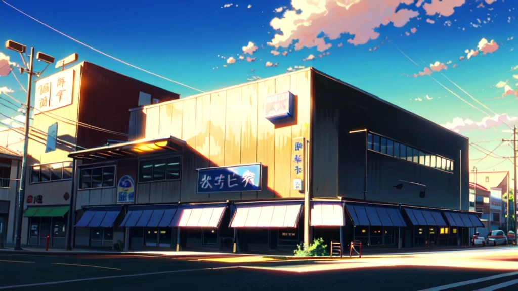 anime background, anime wallpaper, anime, anime style, praise, praise style, Modern Japanese streets, Mountain々, Uphill, Modern Japanese architecture, Japanese Convenience Stores, big retro japanese Store sign, Retro Japanese shop, wood, plant, rock, 植wood鉢, Store sign, Japanese Banner, Japanese Signs, flag, sunrise, Golden Hour, Golden lighting, Empty Streets, no one in sight, (no one: 1), Highest quality