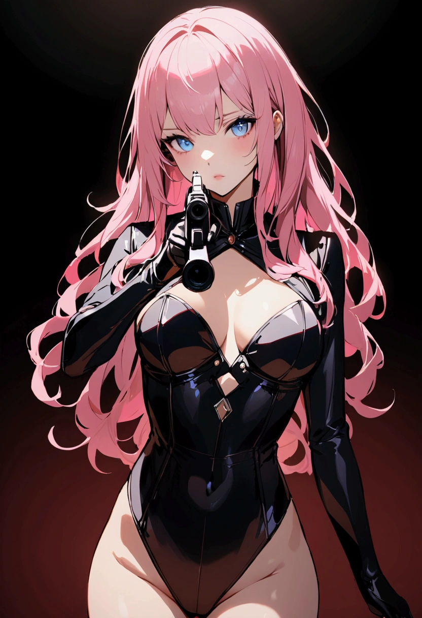 spy、intelligence、Pink Haired Girl、blue eyes、Holding a gun、leotard、Spotlight in the darkness