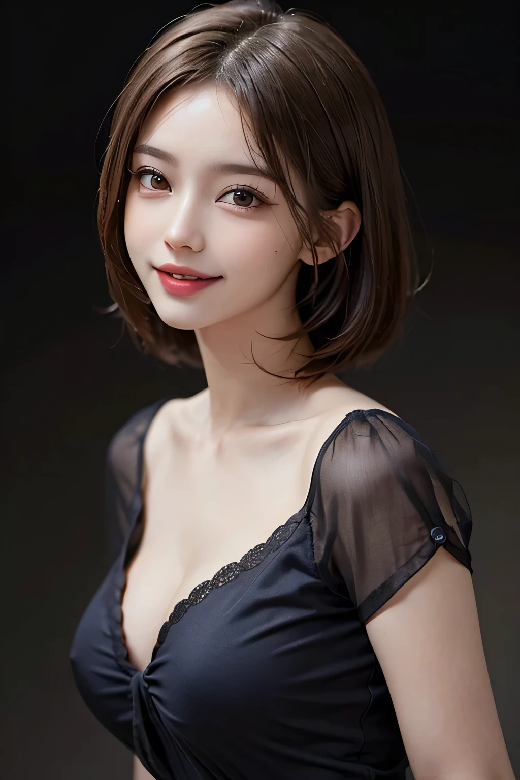((masterpiece)), ((Highest quality)), ((Complex)), ((Surreal)), (Realistic), (Mature Woman), ((There are no classes)), Very detailed, (1 female), Beautiful and exquisite, (Beautiful Teeth), Grin, Brunette Bob Hair, Brown eyes, ((blouse)), (Upper Body), (background:none), Perfect Eyes, Captivating eyes, Looking at the audience
